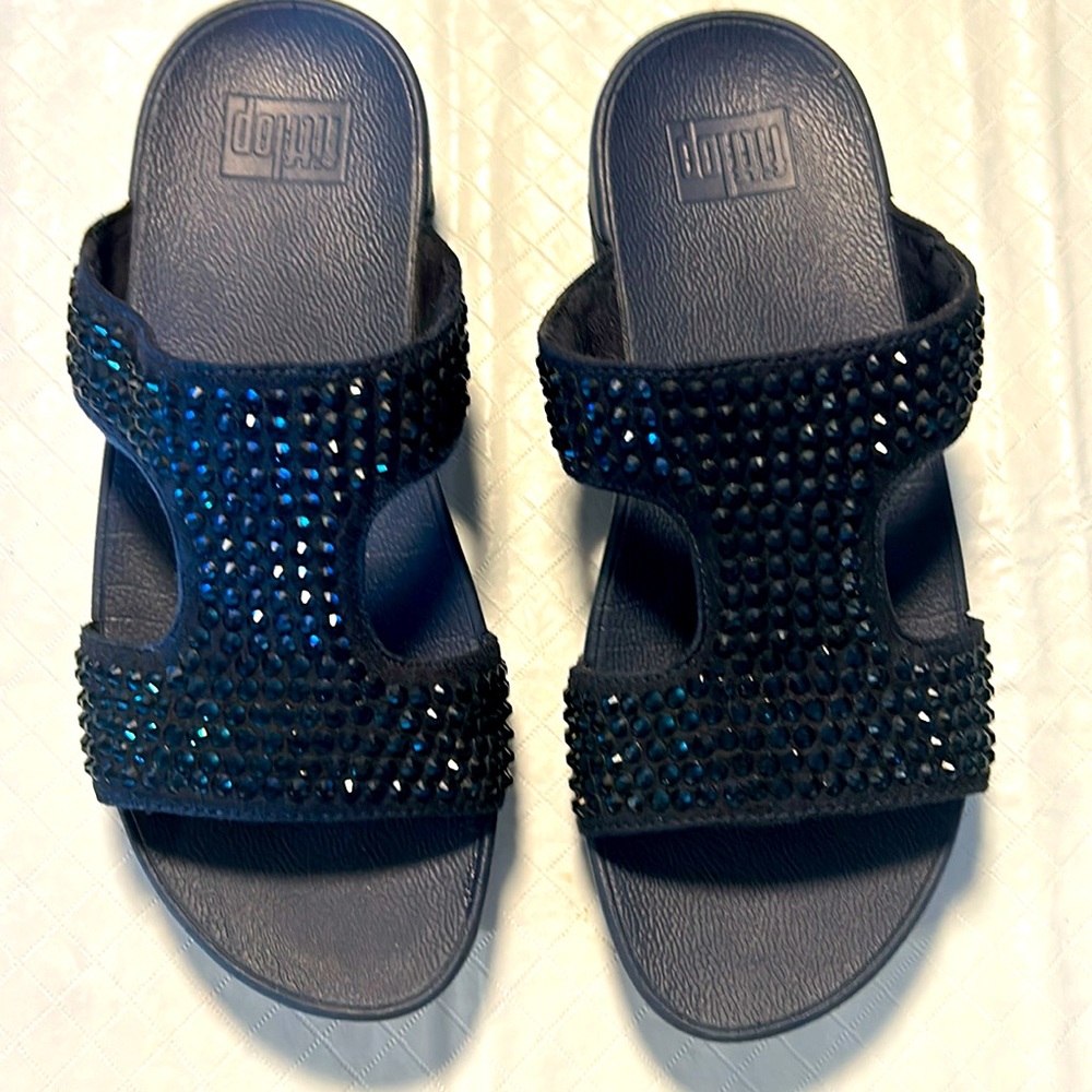 Fitflop Navy Sandals with sueded straps and bejeweled embellishments.